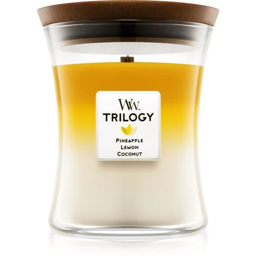 WoodWick Trilogy Fruits of Summer mirisna svijeća s drvenim fitiljem 275 g