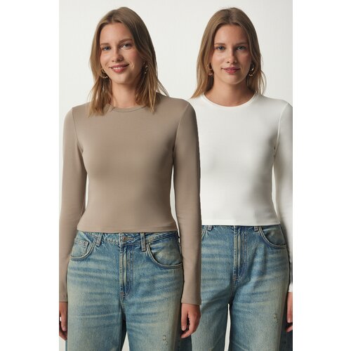 Happiness İstanbul Women's Mink Ecru Crew Neck Wrap 2-Pack Knitted Blouse Slike