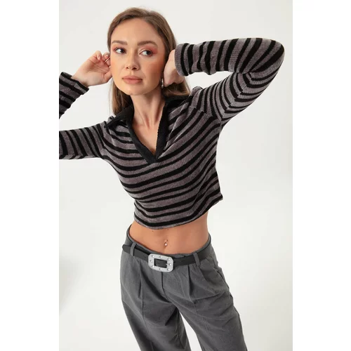 Lafaba Women's Gray Striped Knitted Sweater