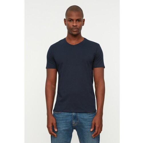 Trendyol Navy Blue Basic Slim Fit 100% Cotton V-Neck Short Sleeve T-Shirt Cene