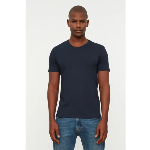 Trendyol Navy Blue Basic Slim Fit 100% Cotton V-Neck Short Sleeve T-Shirt