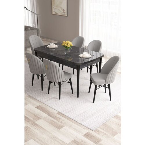 Hanah home Roz - Black Marble, Grey Black MarbleGrey Extendable Dining Table & Chairs Set (7 Pieces) Cene