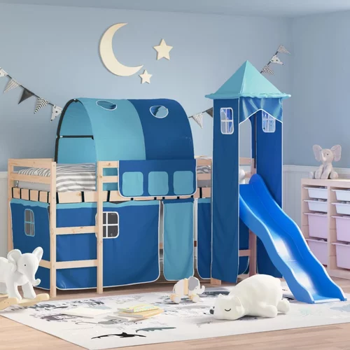  Dječji krevet na kat s tornjem plavi 90x190 cm masivna borovina