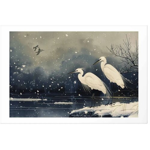  Plakat - Herons over a Winter Pond - illustration in the Japanese style in dark colors 30x21 Bez okvira s margom Slike