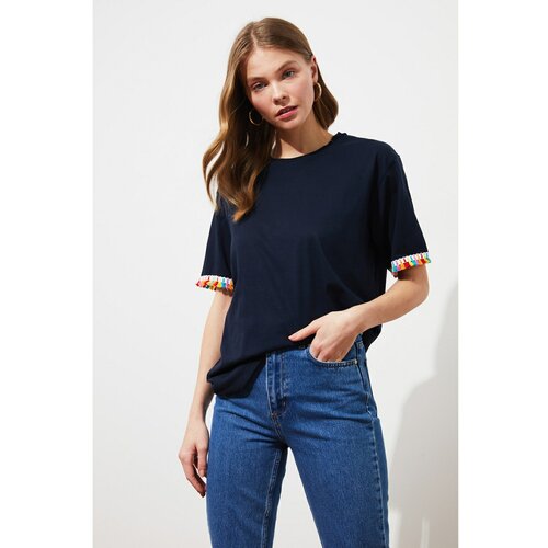 Trendyol Navy Blue Tassel Detailed Boyfriend Knitted T-Shirt Slike