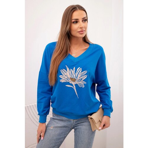 Kesi Women&amp;#039;s cornflower blouse with a V-neck and embroidered flower blue Slike