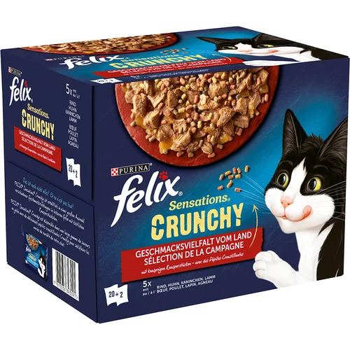 Felix "Sensations Crunchy" vrečke 20 x 85 g + 80 g hrustljavi koščki - Piščanec, govedina, zajec, jagnjetina