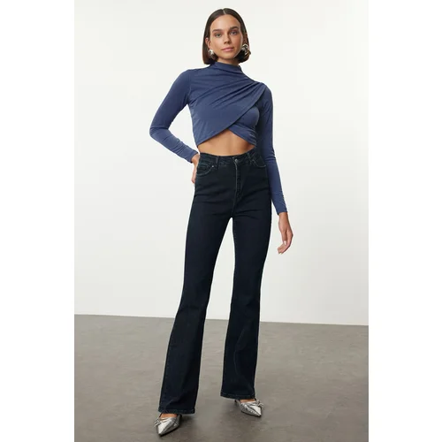 Trendyol Indigo High Collar Draped Crop Blouse