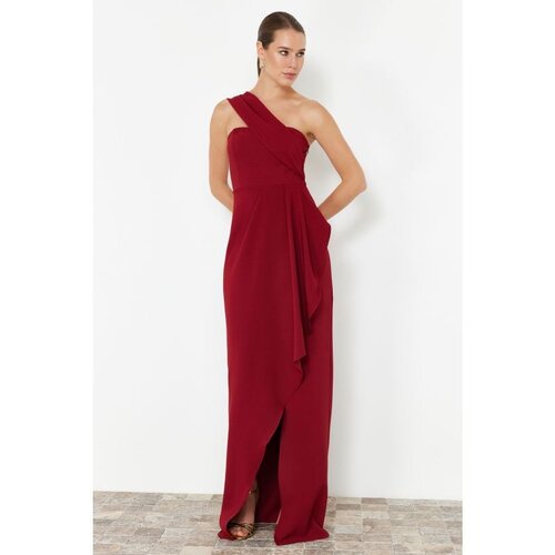 Trendyol Burgundy Flounce Single Sleeve Woven Long Evening Dress Slike