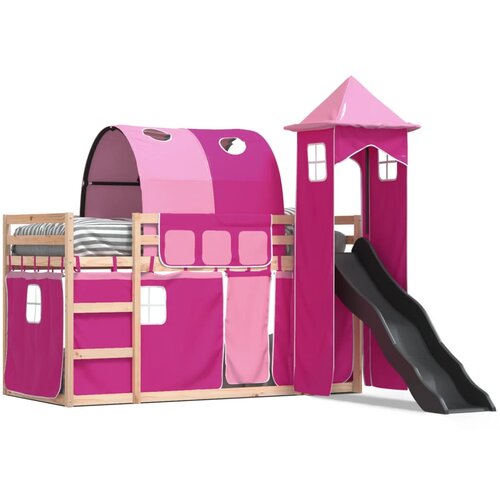 vidaXL Krevet na kat s toboganom i zavjesama ružičasti 90 x 190 cm Cijene