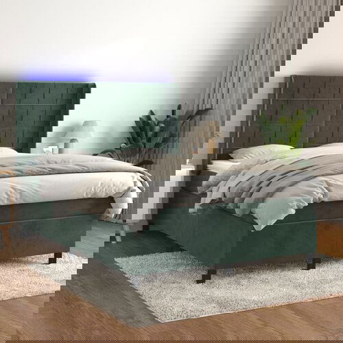 vidaXL Box spring postelja z vzmetnico LED tem. zelena 140x200cm žamet Cene