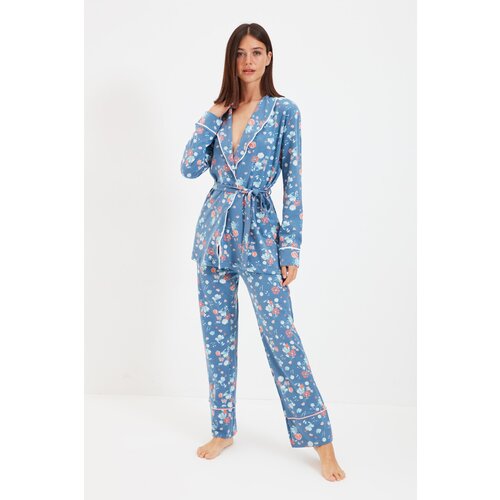 Trendyol Blue Floral Patterned Double Breasted Knitted Pajamas Set Slike