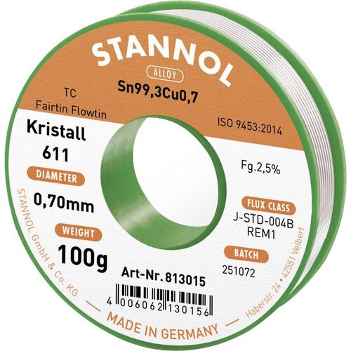Stannol mehka spajkalna žica Kristall 611 v zlitini Flowtin TC Sn99Cu1 z 2\,5% pretoka 0\,7 mm s premerom na 100 g tuljave Kristall 611 Fairtin spajkalna žica\, neosvinčena neosvinče, (20395565) Cene