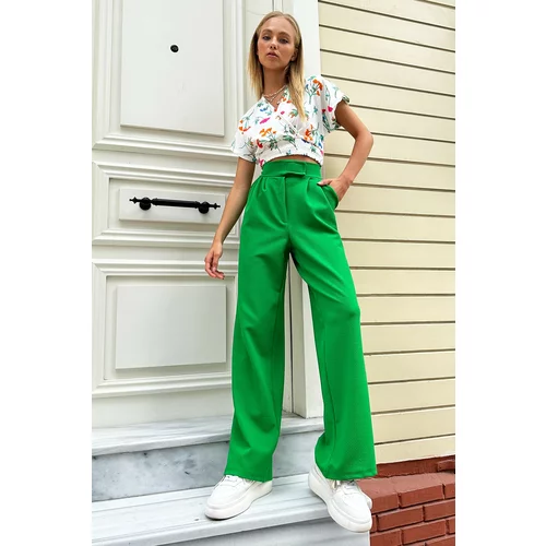 Trend Alaçatı Stili Women's Green High Waist Double Pockets Pleated Palazzo Pants with Snap Snap Closure