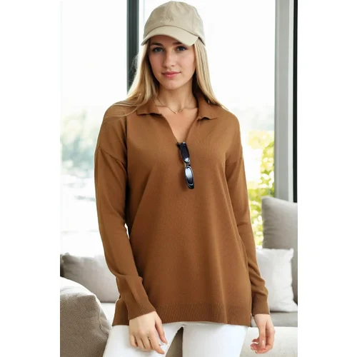 Dewberry 83295 Polo Neck Long Sleeve Slit Sweater-BROWN