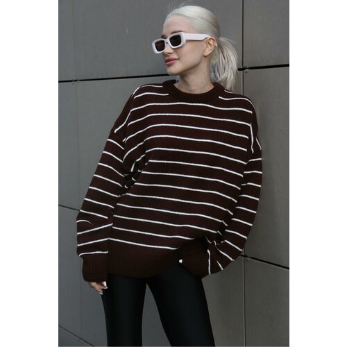 Madmext Women's Brown Striped Knitwear Sweater Slike