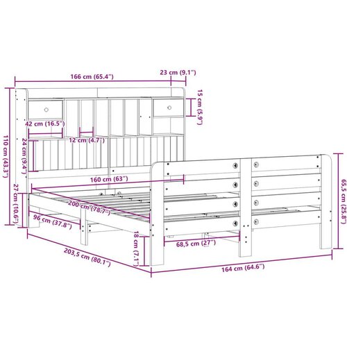 vidaXL Krevet s regalom za knjige bez madraca 160x200 cm od borovine Cijene