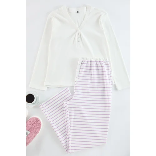 Trendyol Curve Lilac Striped Knitted Pajama Set with Snap Collar