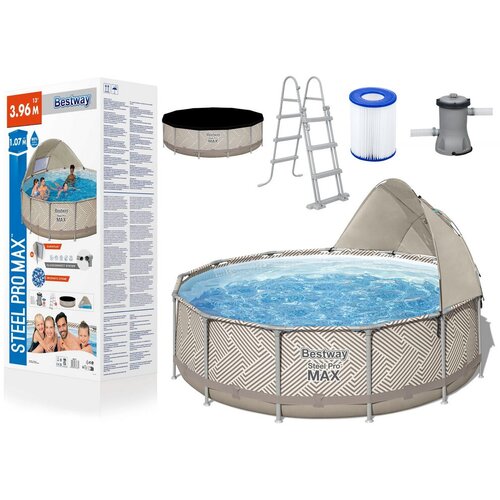 Lean Toys Vrtni okrogli bazen z nadstre&amp;scaron;kom 396 x 107 cm Bestway 561FY Slike