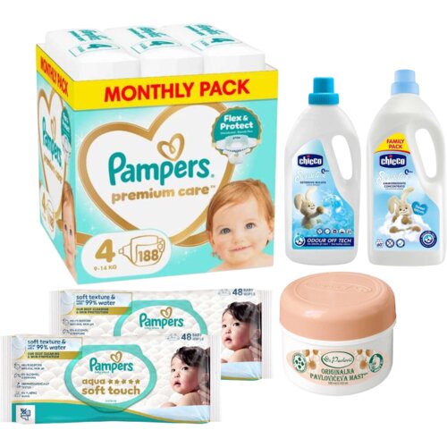 Pampers Pelene Premium Care 4, Monthly, 9-14 kg, 188/1, Chicco sta za prajne ve&scaron;a Sensitive, Pavlovićeva mast, Vlažne maramice Aqua Soft Touch Cene