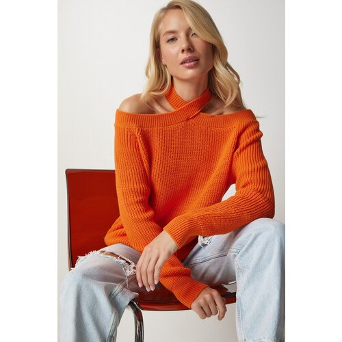  Women&amp;#039;s Orange Off-the-Shoulder Knitwear Sweater Slike