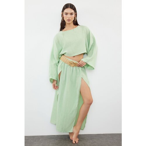 Trendyol Mint Woven Slit Muslin Blouse Skirt Set Slike