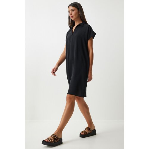 Happiness İstanbul women's Black Polo Neck Summer Loose Linen Ayrobin Dress Slike