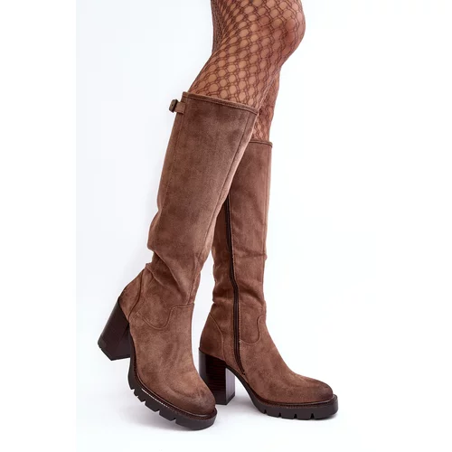 Kesi Women's chunky high-heeled boots, warm dark beige Alzeta