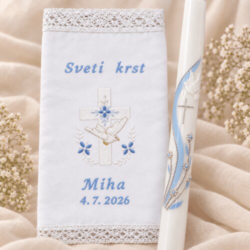  KRSTNI KOMPLET prtiček, sveča s križcem in golobčkom BELO MODRO KRSKMPL 16 Slike
