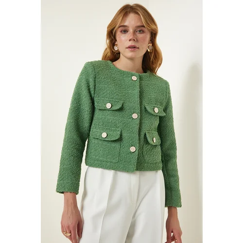  Green Stylish Buttoned Tweed Jacket