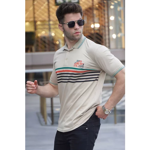 Madmext Beige Striped Polo Neck T-Shirt 5869