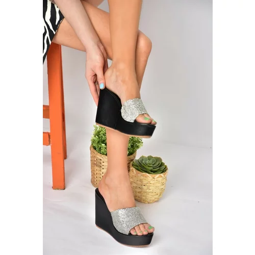 Fox Shoes Women's Black Stone Detailed Wedge Heels Slippers.