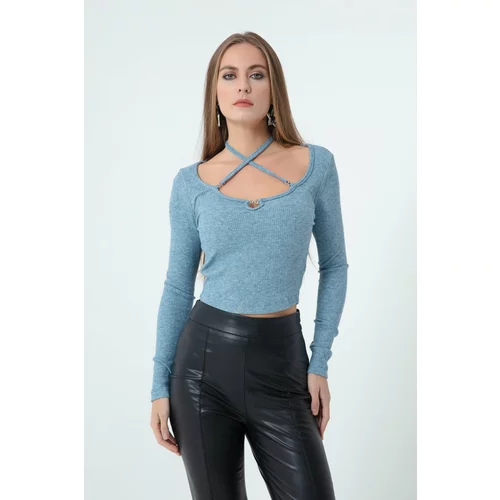 Lafaba Women's Blue Knitted Crop with Metallic Accessories