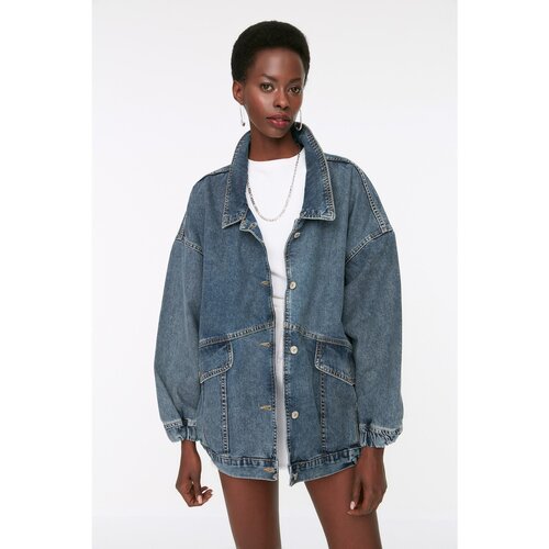 Trendyol Dark Blue Pocket Detailed Oversize Denim Jacket Slike