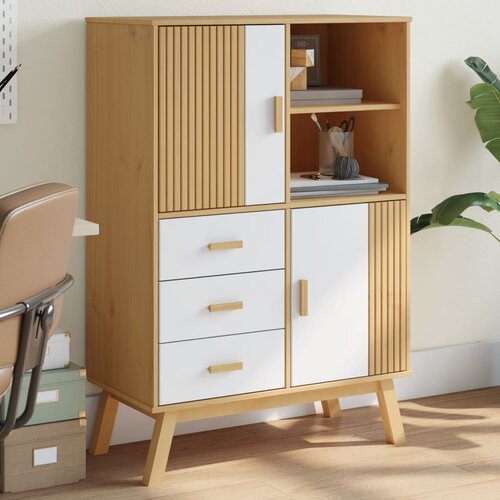  The Living Store Visoka komoda OLDEN bela in rjava 85x43x125 cm trdna borovina - Visoka Omara, (21498710) Slike