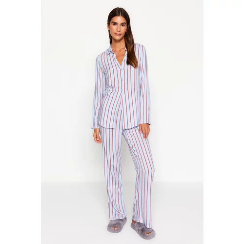 Trendyol Blue Striped Slit Detailed Shirt-Pants Woven Pajamas Set