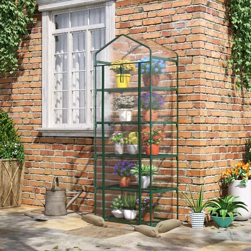Outsunny Mini rastlinjak za vrt in teraso s 5 policami za vrtnine, jeklena konstrukcija in PVC pokrov, 69x49x193cm, (20747870)