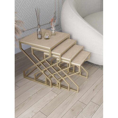 Hanah home Ela set od 4 umetnuta stočića, zlatni ram, MDF ploče u dekoru travertina Slike