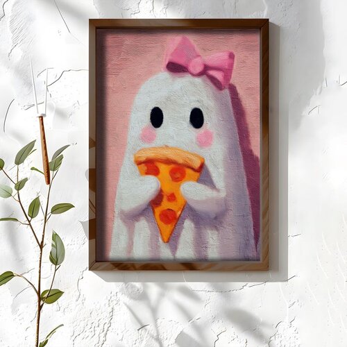 Wallxpert uramljena MDF slika NAL086-46, duh sa roze mašnom jede parče pice na roze pozadini, 35,5 x 47 cm Cene