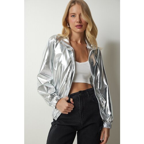 Happiness İstanbul Women's Metallic Gray Shiny Jacket with Pocket Slike