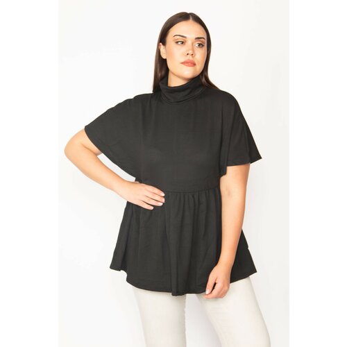 Şans Women's Plus Size Black Turtleneck Waist Gathered Low Sleeve Knitwear Blouse Slike