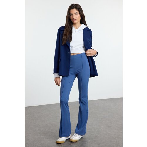 Trendyol indigo Ribbed Detail High Waist Flare Soft Touch Trousers Cene