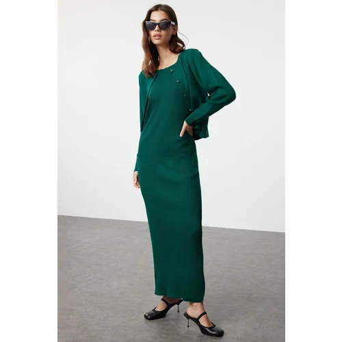 Trendyol Emerald Green Corded Knitwear Cardigan Dress Suit