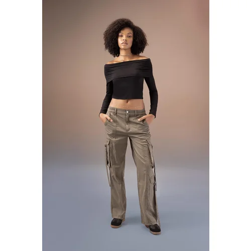 Defacto Straight Fit Cargo Pocket High Waist Standard Length Gabardine Trousers