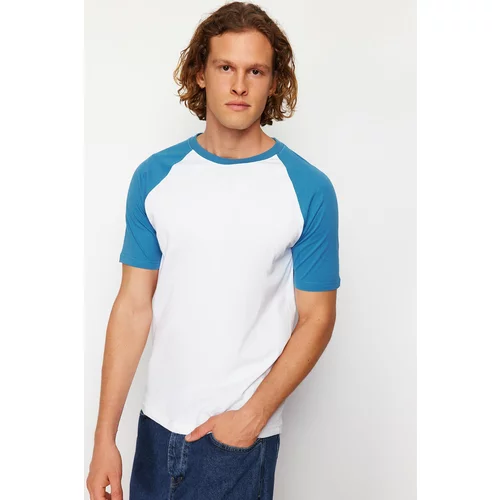Trendyol Men's Blue Regular/Regular Fit Black Sleeve Paneled 100% Cotton Short Sleeve T-Shirt