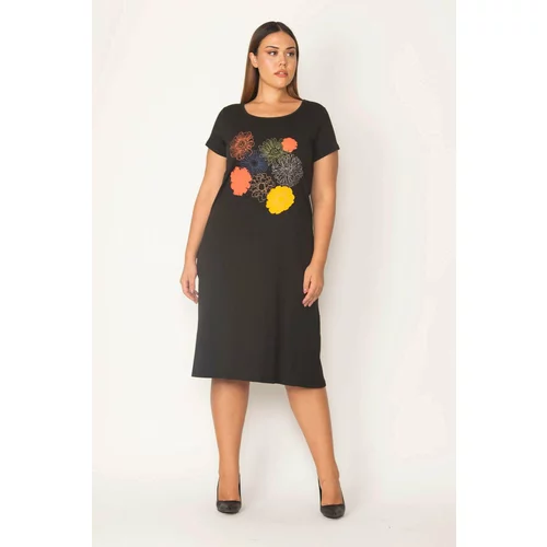 Şans Women's Plus Size Black Embroidered Viscose Dress