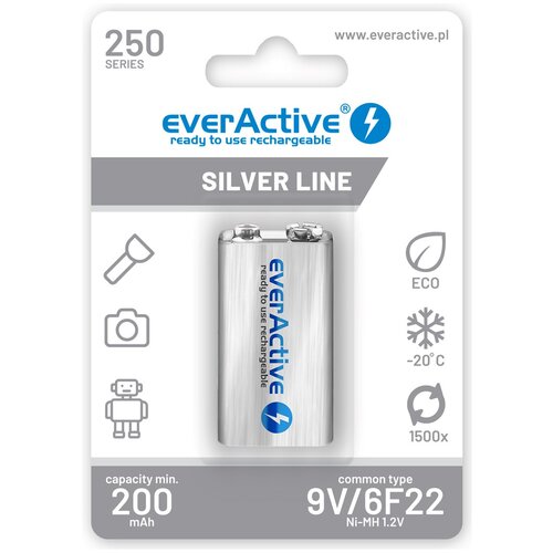 EverActive Rechargeable batteries Ni-MH 6F22 9V 250 mAh Silver Line Slike
