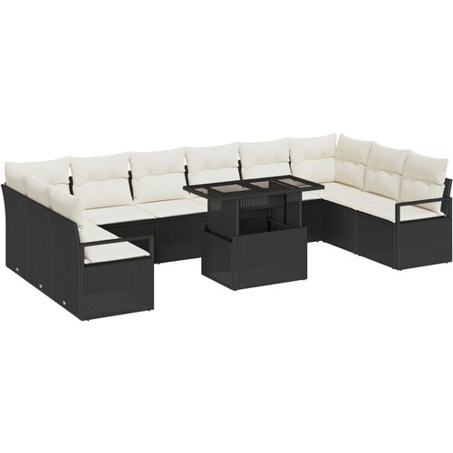 VidaXL 11-dijelni set sofe za vrt s jastucima crni poli ratan, 2-sjedalna vrtna sofa s jastucima crni poli ratan Slike