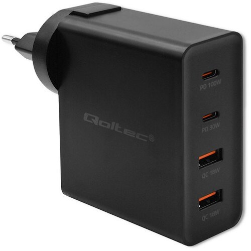 Q-LANTEC Qoltec GaN POWER PRO Charger | 2xUSB-C | 2xUSB | 130W | 5-20V | 1.5-5A | XP | Black Slike
