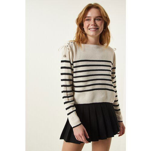 Happiness İstanbul Women's Cream Eyelet Detail Seasonal Striped Knitwear Sweater Slike